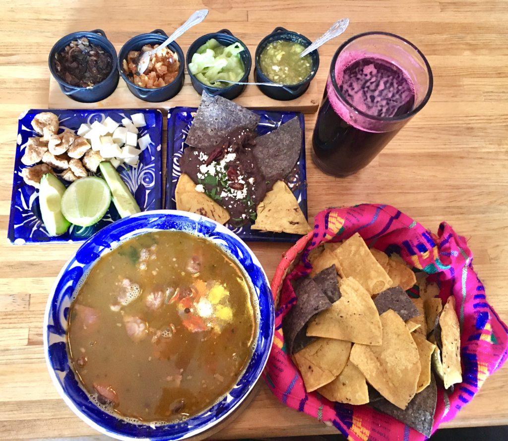 soup salsa tortilla chips beet juice