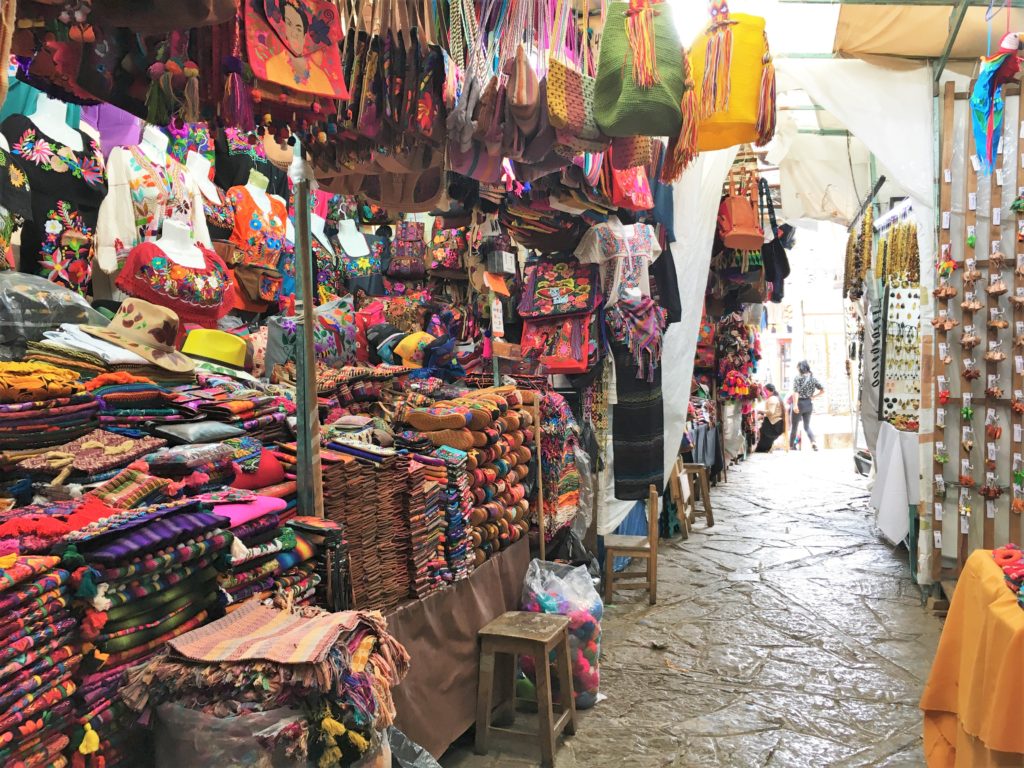 Mexico souvenir market with textiles